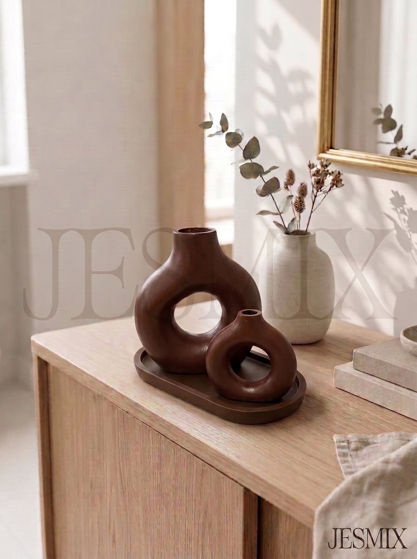 JESMIX Handcrafted 2-Piece Donut Vase Set – Contemporary Minimalist Hollow Circular Vases